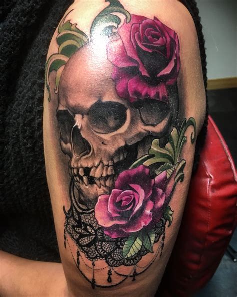 Skull Rose And Lace Tattoo ️ Lace Skull Tattoo Feminine Skull Tattoos Skull Thigh Tattoos