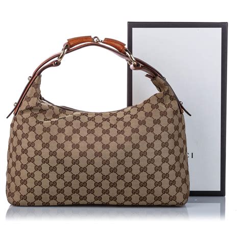Gucci Brown Gg Canvas Horsebit Hobo Bag Beige Leather Cloth Pony Style