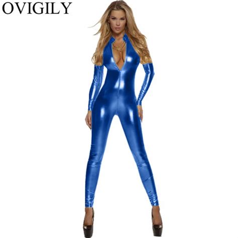ovigily women turtleneck long sleeve zentai suit front zipper spandex shiny royal blue full body