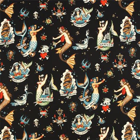 Remnant 50 X 112 Cm Sailor Fabric In Black With Mermaid Pin Ups By