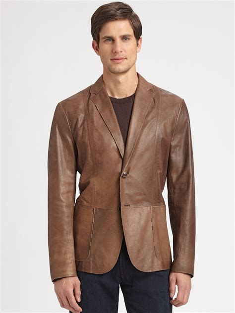 Lyst Armani Leather Blazer In Brown For Men