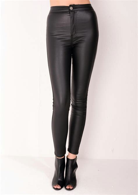 High Waisted Faux Leather Look Jeans Black