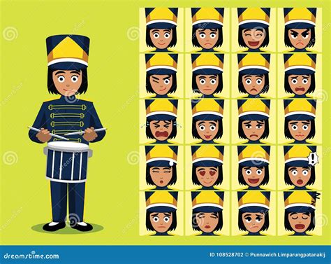 Marching Band Drummer Girl Cartoon Character Emotion Faces Stock Vector