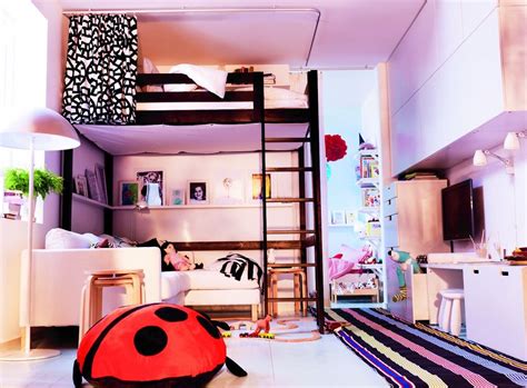 Perfect for dorm rooms and guest rooms. high wooden ikea loft bed set underneath with floating ...