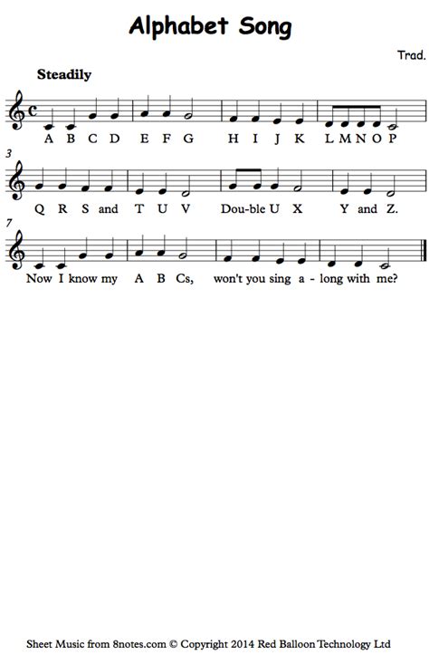Download and print free pdf sheet music for all instruments, composers, periods and forms from the largest source of public domain sheet music browse sheet music by composer, instrument, form, or time period. Alphabet Song sheet music for Voice - 8notes.com