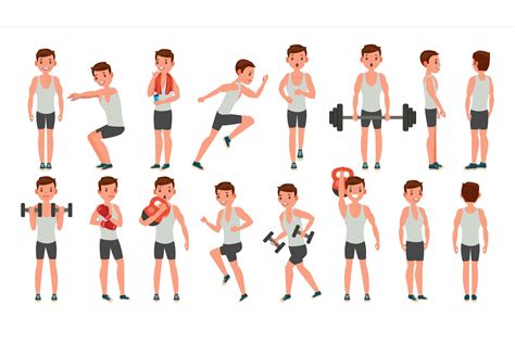 Fitness Man Vector Different Poses Weight Training Exercising Male