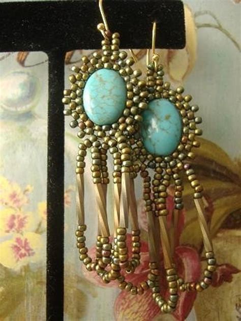 Seed Bead Earrings Genuine Turquoise Beaded Bezel Dangle Etsy
