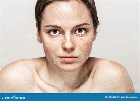 Young Beautiful Freckles Woman Face Portrait With Healthy Skin Stock Image Image Of Fashion