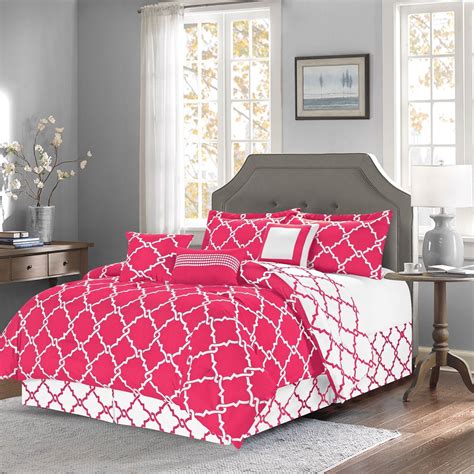 7 Piece Reversible Geometric Galaxy Comforter Set Oversized Hot Pink Queen Size