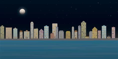 Cityscape View With Sea At Night City Landscape Night Time View With