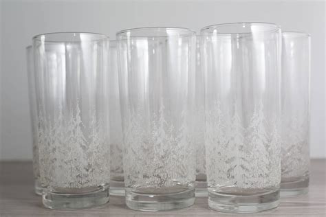 Frosted Forest Glasses Set Of 7 Vintage Textured Winter Trees