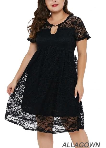 Keyhole Short Sleeve A Line Sexy Plus Size Lace Dress T901554189526