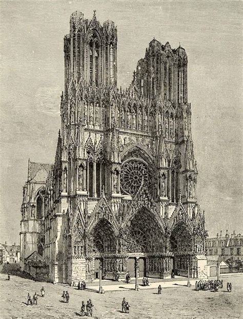 Facade Of Reims Cathedral Note The Near Lifesize Sculpted