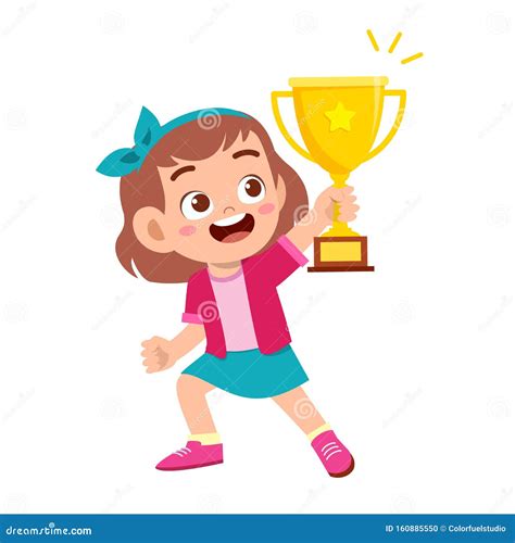 Happy Cute Kid Girl Win Game Gold Trophy Stock Vector Illustration Of