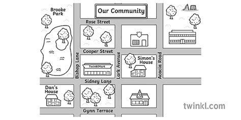 Town Map Black And White Illustration Twinkl