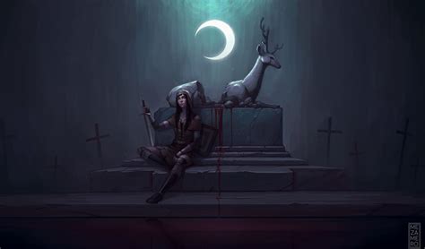 Swordsman Sitting Beside Deer Statue Digital Wallpaper Artwork