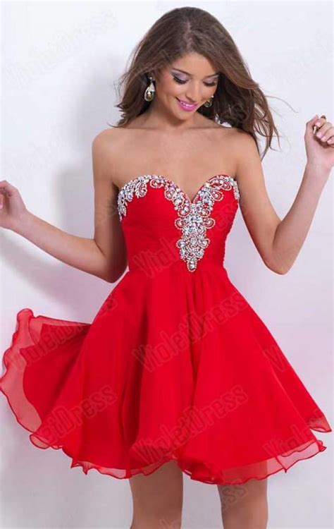 A Line Red Chiffon Strapless Beaded Minishort Prom Dress 2435755