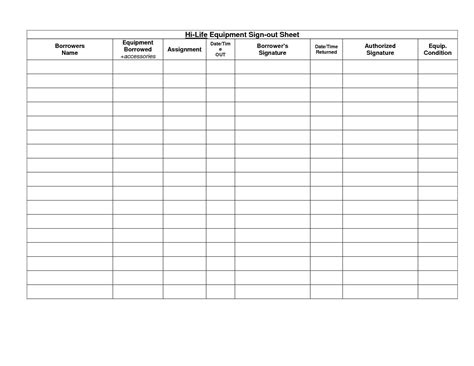 Equipment Sign Out Sheet Template Addictionary