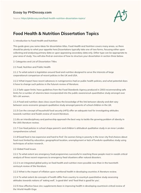 Food Health And Nutrition Dissertation Topics