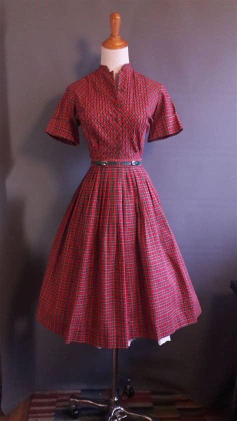 1950s Red Plaid Betty Barclay Dress With Original Green Tabbed Etsy Plaid Dress Vintage