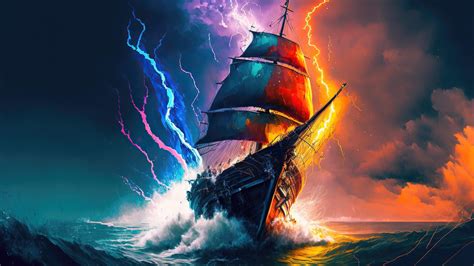 Ocean Ship Colorful Lightning Ai Generated 4k Wallpaper
