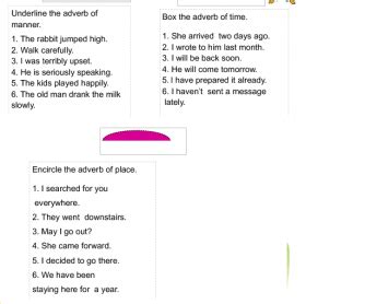 Grade 2 telling time worksheets including telling time to the whole hour, half hour, quarter hour and nearest 5 minute and 1 minute intervals; Adverbs of Manner, Time and Place