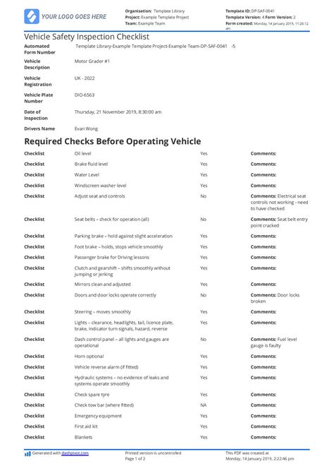 Printable Company Vehicle Inspection Checklist
