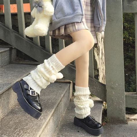 Womens Sweet Pure Color Knitted Leg Warmers With Balls Kawaii