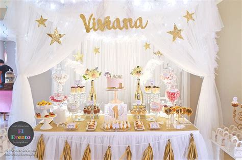 This party is sure to awe and inspire many creative minds alike! white gold baptism sweet table | Baby shower dessert table girl, Baby shower dessert table ...