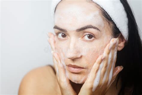 Young Woman Washing Face With Foam Stock Image Image Of Treatment