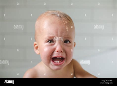 One Year Old Baby Cries Close Up Six Teeth Visible On A White