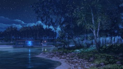 Wallpaper Anime Landscape Lake Night Stars Trees Light