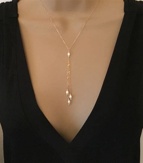 Dainty Lariat Necklace Delicate Y Necklace Gold Pearl Lariat Etsy