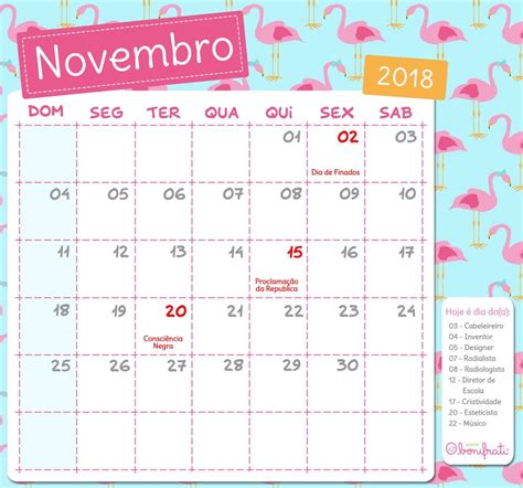 Calendario Novembro 2018 Imprimível Calendario Novembro 2018 Para