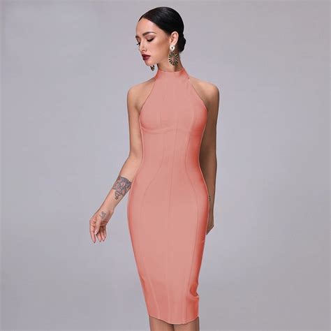 2020 new sexy pink high neck sleeveless bandage dress bries jewelry