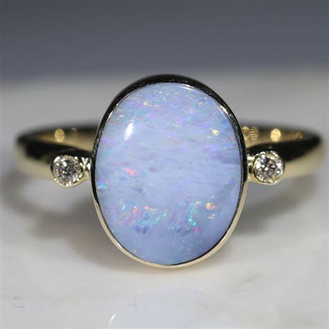 Natural Australian White Opal Boulder And Diamond Gold Ring Size 92