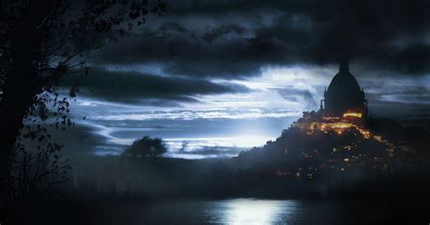 Fantasy Castles Cities Lake Night Clouds Moonlight Lights Reflections