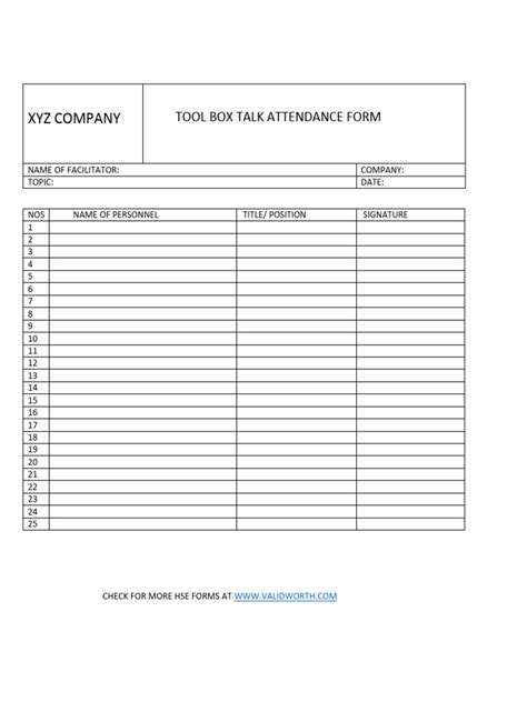 Toolbox Talk Attendance Form 2 Pdf