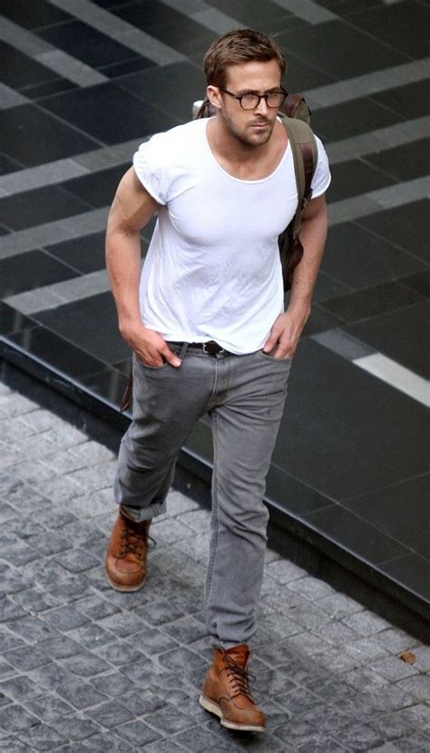 Ryan Gosling Wearing White Crew Neck T Shirt Grey Jeans Tan Leather
