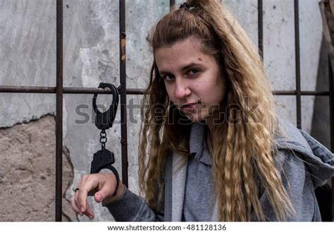 Young Women Locked Handcuffs Radiator Urban Stock Photo 481128136