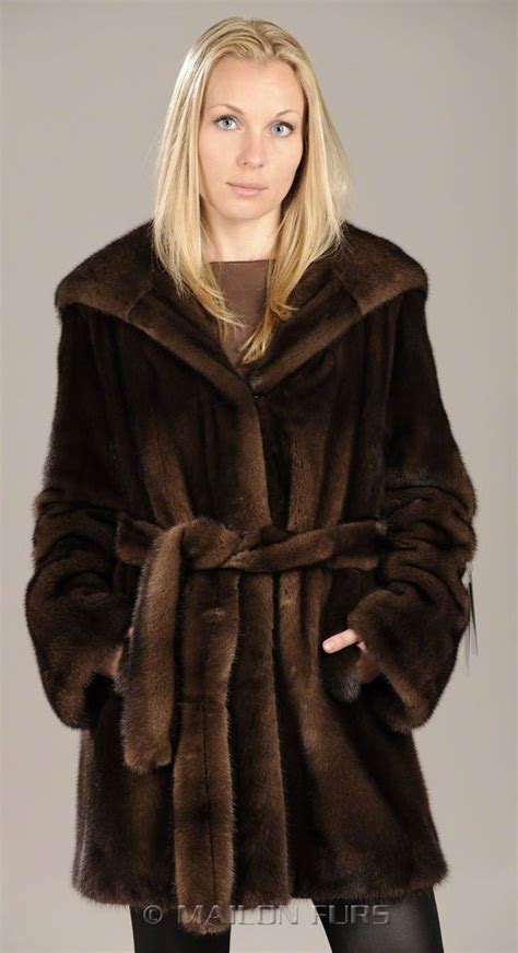 hooded demi buff brown natural mink fur coat jacket parka w fur belt all sizes in clothing