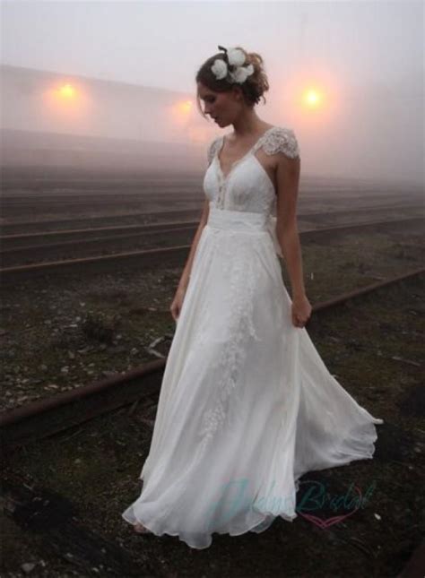 Jol224 Airy Flare Lace Cap Sleeves Flowy Chiffon Boho Wedding Dress