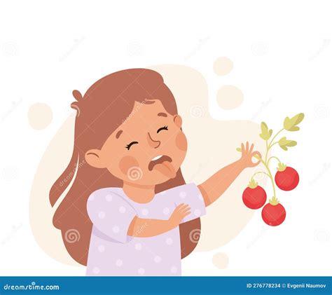 Little Girl Character Showing Dislike And Disgust Holding Tomato Vector
