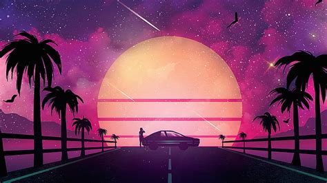 3840x2160px 4k Free Download Synthwave Neon Sunset Palm Trees Car