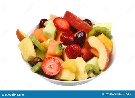 A Bowl Of Fresh Cut Fruit Isolated On White Fruits Include Strawberry