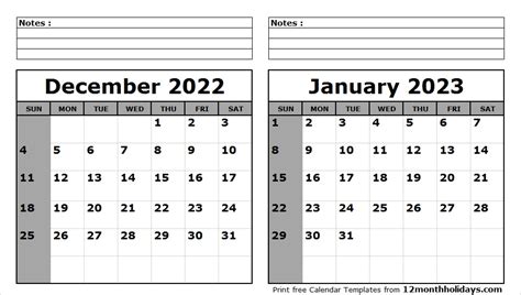 Dec 2022 January 2023 Calendar University Calendar 2022