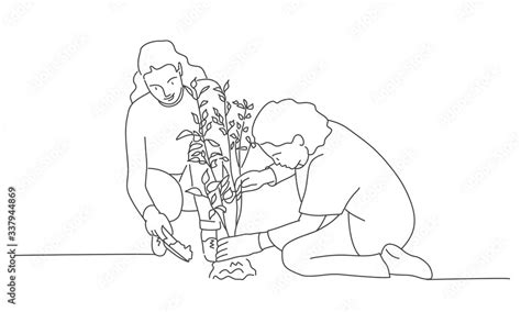 Line Drawing Of Women Works In The Garden Gardening Or Planting