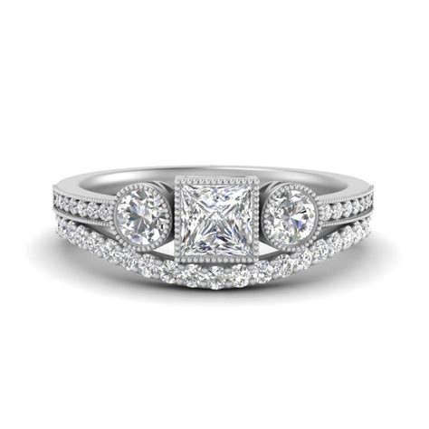 Three Stone Princess Cut Bezel Set Lab Diamond Bridal Ring Set In K