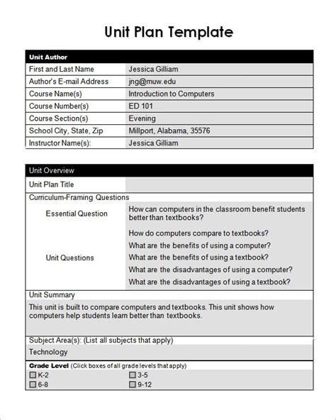 12 Sample Unit Plan Templates To Download For Free Sample Templates