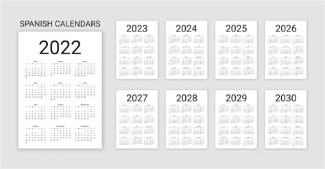 スペイン語カレンダー2022、2023、2024、2025、2026、2027、2028、2029、2030年。シンプルなポケットテンプレート